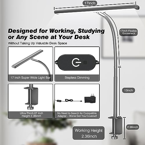 Image of Airlonv LED Desk Lamp for Office Home, Eye-Caring Desk Light with Stepless Dimming Adjustable Flexible Gooseneck, 10W USB Adapter Desk Lamp with Clamp for Reading, Study, Workbench (Grey)