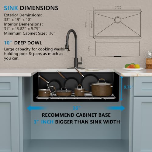 Image of 33 inchx19 inch Matte Black Undermount Kitchen Sink Workstation | 16 Gauge T304 Stainless Steel, Nano-PVD Black Finish, Under Counter with Integrated Ledge, Round Corners, Single Bowl Basin