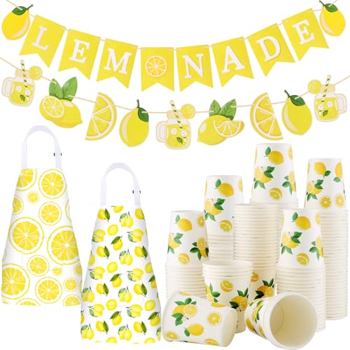 CIEOVO Lemonade Stand Party Supplies Set, 100 Pcs Disposable Lemon Cups Banner and 2 Lemon Apron with Pockets Adjustable Strap for Summer Lemonade Stand Birthday Decoration Accessories