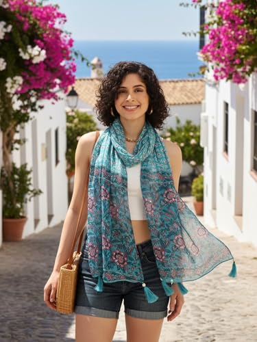 Image of KE KANHA EXPORTS Scarf for Women Premium Cotton Boho | Dual Tone Border Print Stole with Tassels | Lightweight Summer Beach Wrap 180 x 50 cm FREE Scrunchie Included