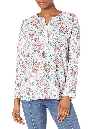 Lucky Brand Women's Long Sleeve Button Up Ruffle Bib Henley Top, White Multi