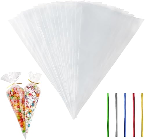 100Pcs Clear Cellophane Bags - Clear Cone Bags with 100pcs Colorful Twist Ties for Snacks, Candy, Cookie, Chocolate, Nuts, Soap, Gifts
