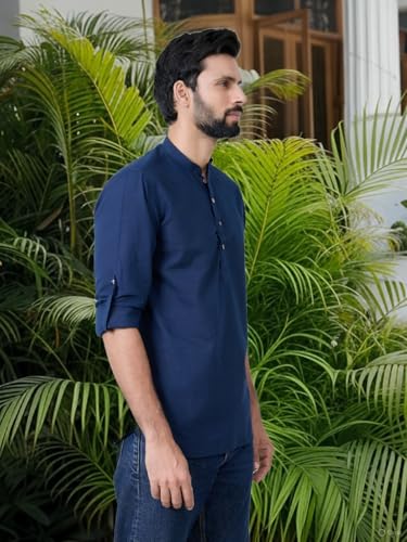 Image of See Designs Men's Roll-Up Sleeve Mandarin Collar Cotton Solid Short Kurta (Pack of 2) - Festive Collection