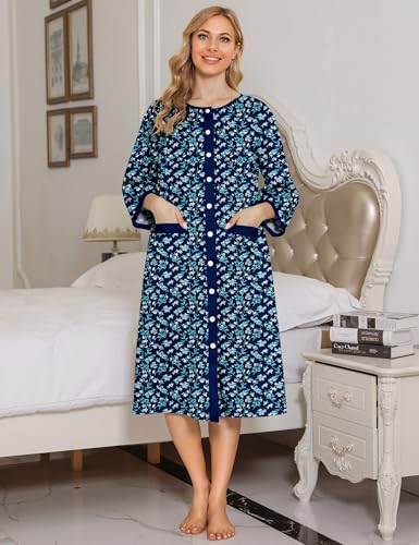 Image of Bloggerlove House Dress Women Cotton Snap Front Nightgown 3 /4 Sleeve Housecoat Duster Robe with Pockets Moomoo Patio Dress