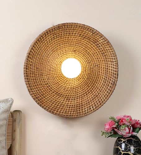 Image of AKWAY Rattan Wall Lamps for Living Room | Bamboo Wall Lights for Bedroom | Cane Wall scones for Home Decoration (Cane Big Saucer - Brown)