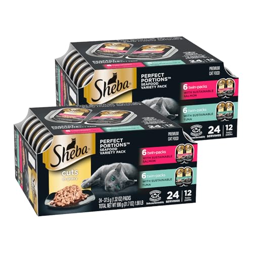 Sheba Perfect Portions Wet Cat Food Cuts in Gravy Variety Pack, With Sustainable Tuna, and With Sustainable Salmon, 2.6 oz., Twin-Pack Trays, (12 Count, 24 Servings) (Pack of 2)
