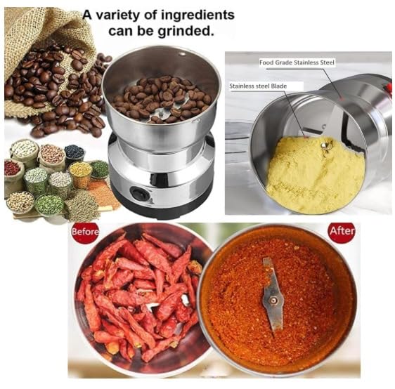 Image of Stainless Steel Mini Electric Grinder, Compact Coffee Spice Masala Nut and Grain Crusher, Portable Premium Material Large Mixer Machine for Home Kitchen Use