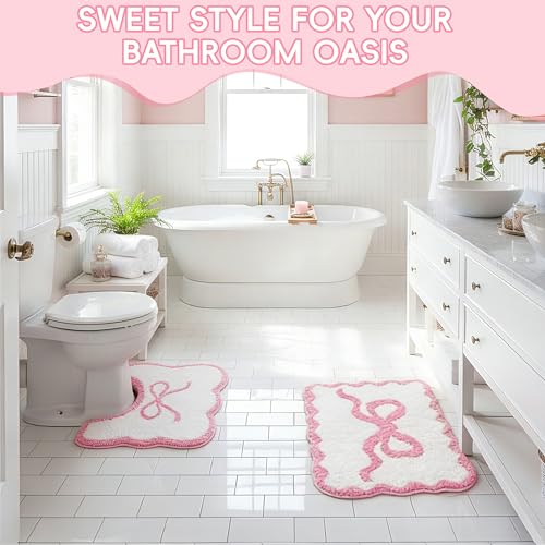 Pink Bow Bathroom Rug Set, 2-Piece Bow Bath Mat and U-Shaped Toilet Rug by TIKIRUGI - Used condition - Image 6