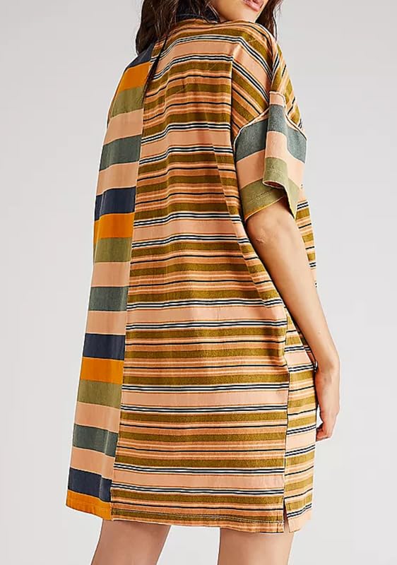 Image of NUFIWI Y2K Striped Shirt Mini Dress for Women Oversized Stripe Tunic Tshirt Dresses Short Sleeve Buttons Loose Fit Tee Dress
