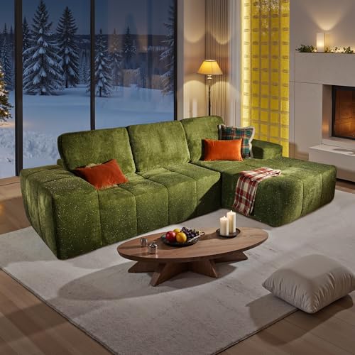 Image of 114 inch Glitter Cloud Sectional Couch with L-Shape Chaise, Modern Boneless Couches for Living Room, Fluffy Tufted Deep Seat Modular Sofa in a Box No Assembly