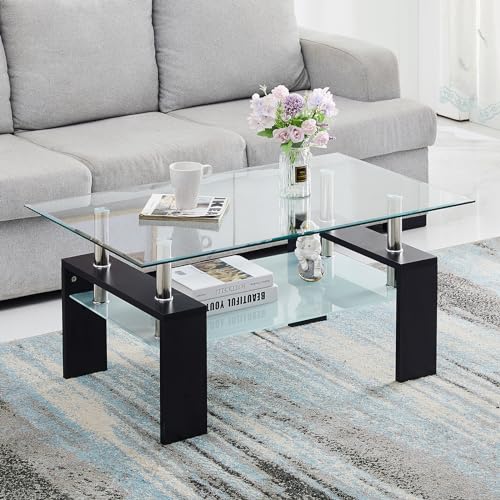 Table basse verre trempé 2 niveaux noir - TUKAILAi