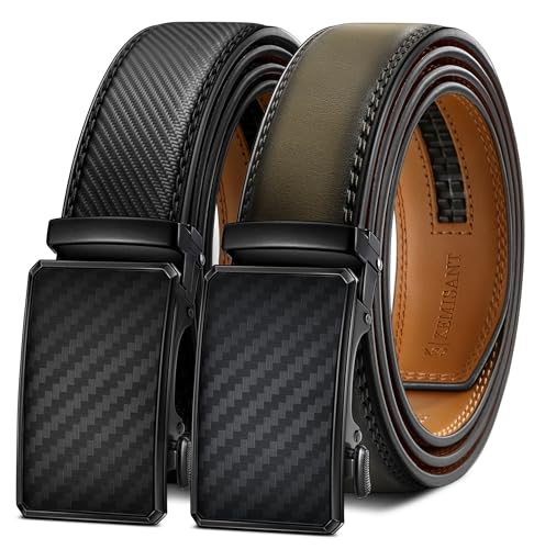 Image of KEMISANT Men Belt 2 Pack, Leather Ratchet Belt Easy Click Slide For Men 1 3 /8 inch,Cut for Fit