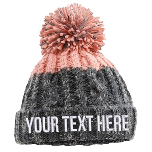 Image of Purple Print House Embroidered Apres Beanie Bobble Hat Custom Text Personalised Writing Winter Autumn Skiing Two Colour, One Size, Grey/Blush