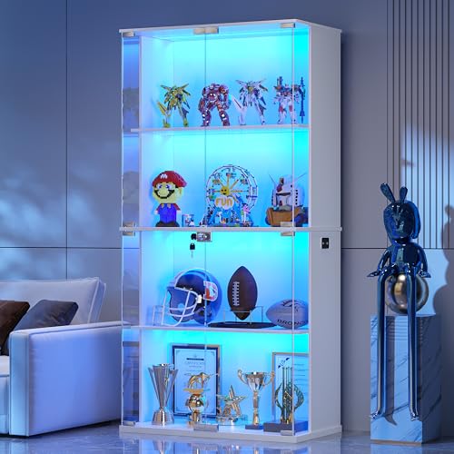 HNEBC Glass Display Cabinet with LED Lights - 4-Tiers Curio Cabinet Display Case with Lock,China Cabinet with Human Body Senor for Collectibles & Legos,Living Room Bookcase Storage Cabinet (
