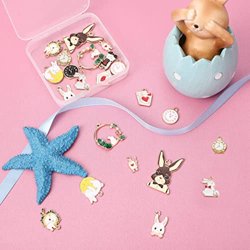 SUNNYCLUE 1 Box 24Pcs 12 Styles Easter Alice Pendants Gold Plated Rabbit Bunny Alarm Clock Poker Card Cartoon Fairy Tales Enamel Charms for Jewellery Making Crafts DIY Easter Day Gifts Accessories - Image 4