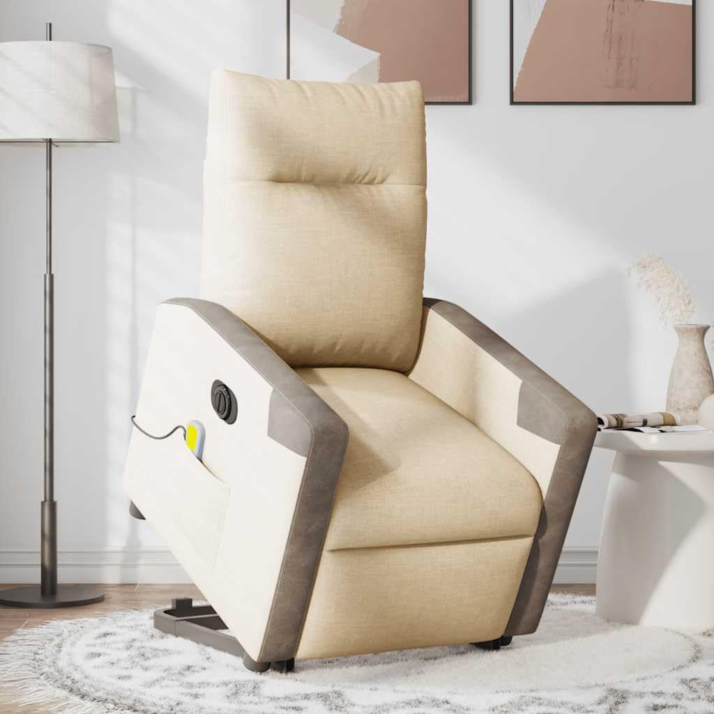 Sillón elevador eléctrico reclinable de tela crema con 6 puntos de vibración y marco estable, función de elevación e inclinación de 135 grados para mayor comodidad