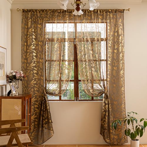 Deeprove Taupe Brown and Gold Sheer Curtains 84 inches Long