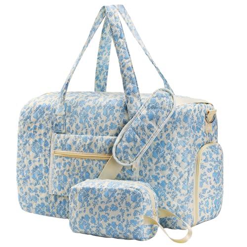 Large Weekender Quilted Travel Bags - Floral Quilted Duffle Bag, Hospital Bag for Women Labor Delivery, Travel Duffel Bag with Shoe Compartment, Gym Tote Bags with Dry and Wet Separation (Set of 2)
