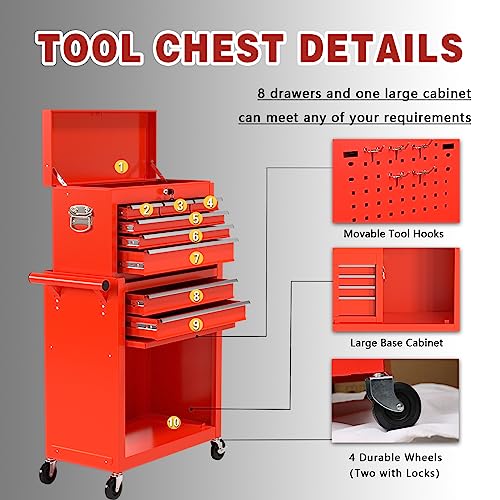 Yaciente 8-Drawer High Capacity Rolling Tool Chest, Tool Box With Drawers And Wheels, Toolbox On Wheels With Cabinet, Portable Tool Chest On Wheels(Red) #TOP1