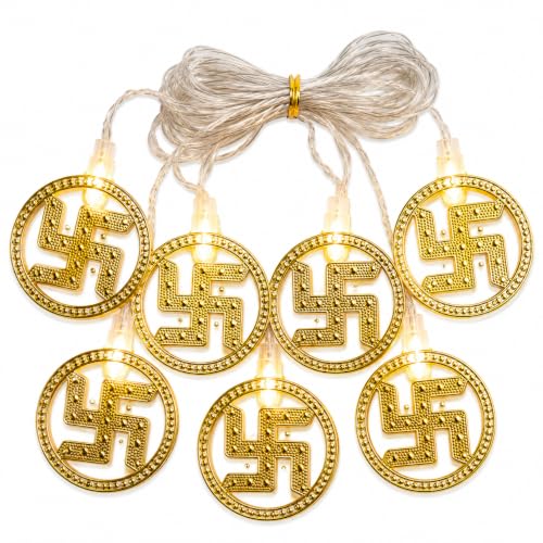 Image of MoonlitDreams 10 Swastik LED String Lights, 3 Meter Golden Metallic Decorative Lights for Diwali Decoration, Home, Mandir & Pooja Room, Festive Ambient Lighting (Plug-in)