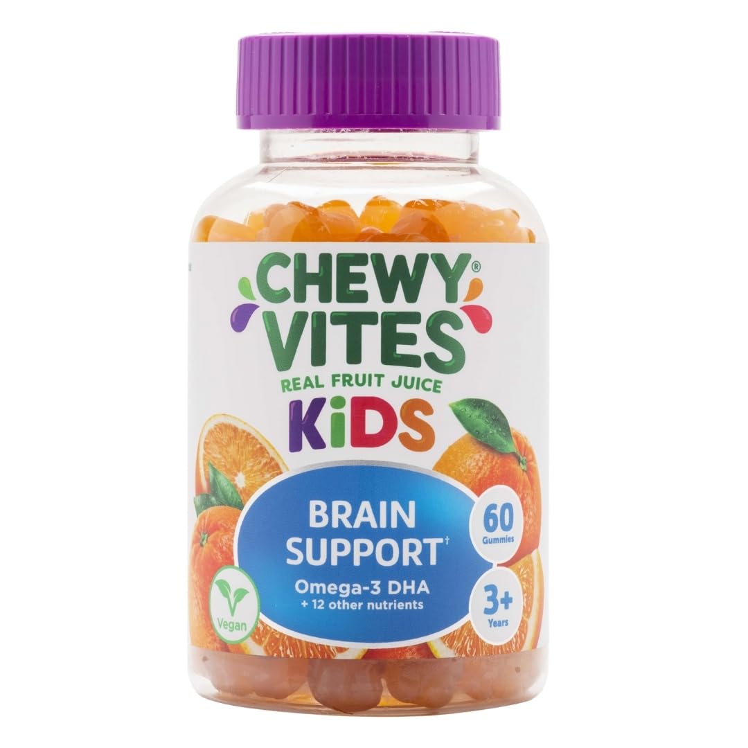 Chewy Vites Kids Brain Support 60 Gummy Vitamins | Omega 3 DHA Gummies for Kids | 12 Essential Vitamins and Minerals | 2 Months Supply | Real Fruit Juice | 1-a-Day | Vegan | 3 Years + 60 count (Pack of 1) Kids Brain Support