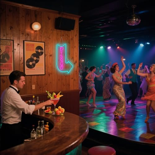 Image of Looklight Disco Neon Signs for Wall Decor Pink Blue LED Word Light Sign Right-Pointing Arrow Neon Light USB Light Up Letters Sign for Disco Lover Music Bar Music Studio Rec Room Bedroom Party Decor