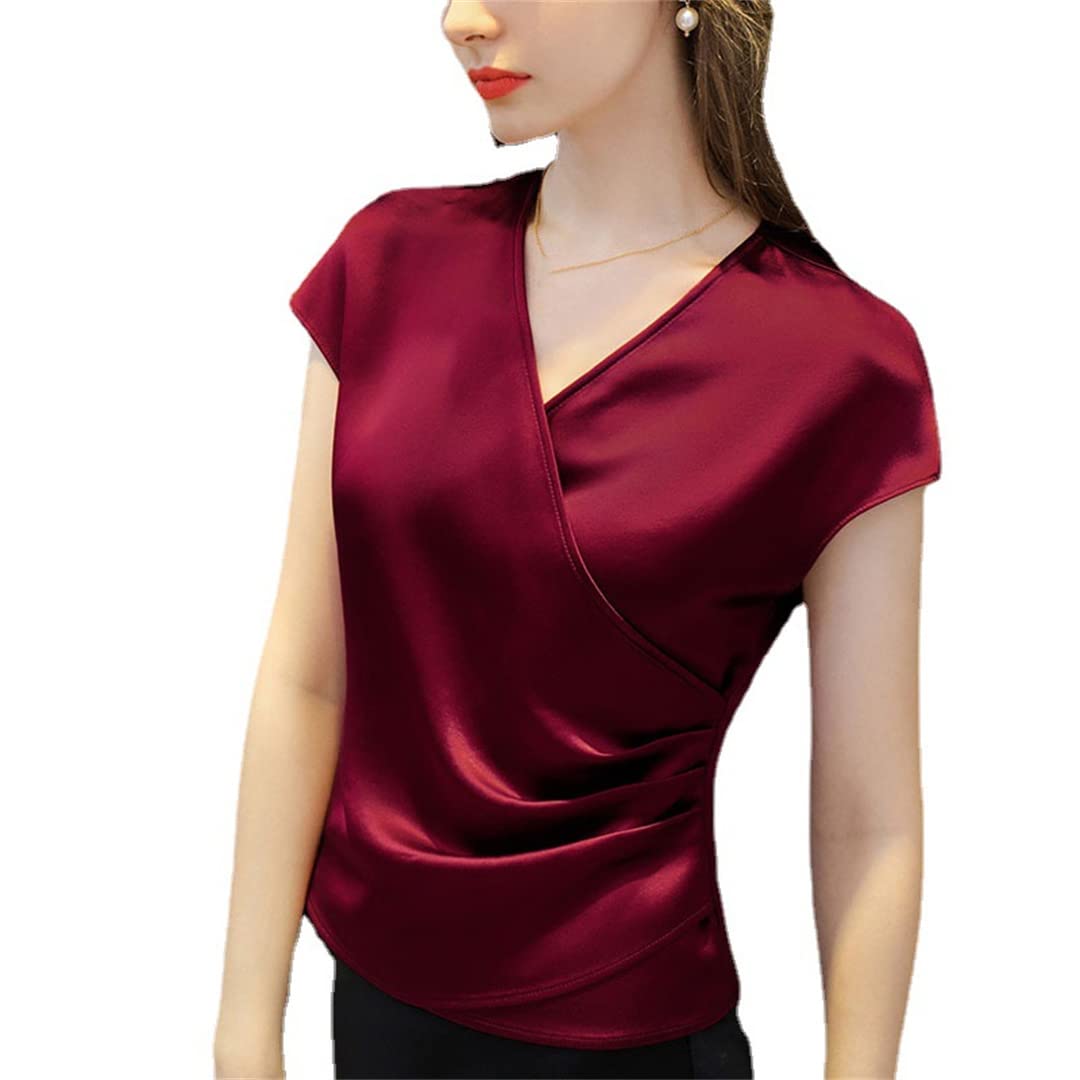 Camisetas de Seda de Manga Corta con Cuello en V para Mujer, Camisa de Gasa Satinada de Verano para Mujer, Blusa de Trabajo y Oficina Pic S