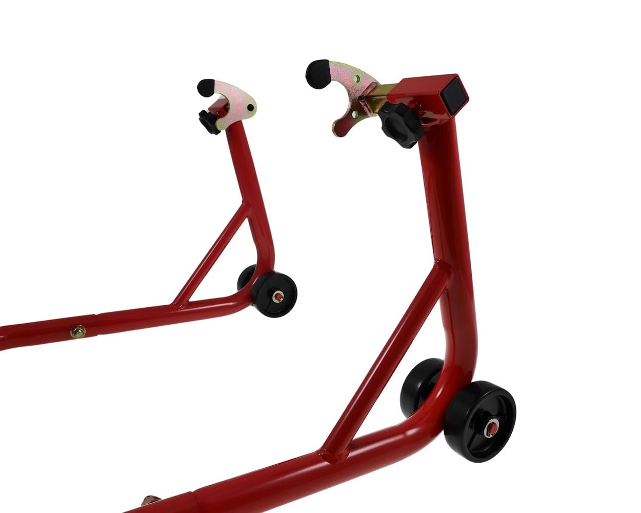 Caballete montaje moto – elevador delantero/trasero tipo U – ajustable 24–36 cm – hasta 450 kg – rojo – con ruedas