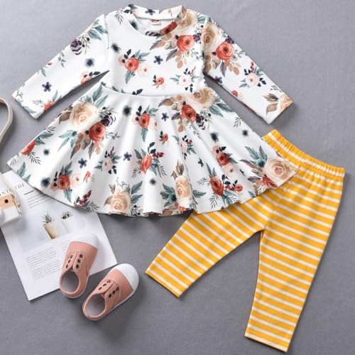 Image of Toddler Baby Girls-Fall-Clothes-Set Little Girls Floral Plaid Highlow Tunic Tops+Leggings Outfits Boutique Clothing