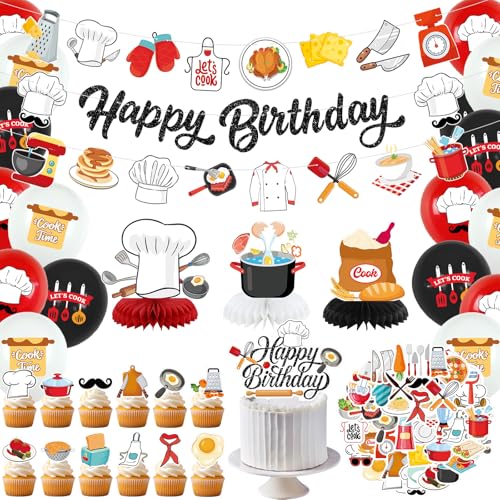 Decorações de festa de chef, decoração de aniversário de cozinheiro, inclui faixas de feliz aniversário, enfeites para bolos, centros de mesa de favo de mel, decalques e balões para cozinhar,