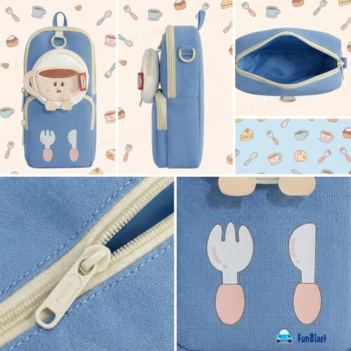 Image of FunBlast Pencil Pouch for Kids, Girls - Large Capacity Multipurpose Stationery Zipper Pouch with Coin Pouch for Kids & Adults, Kawaii Aesthetic Pencil Case Organizer, Cute School Supply Bag (Blue)