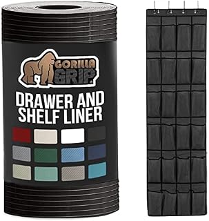 Gorilla Grip Ribbed Drawer Liner and Over the Door Shoe Organizer, Drawer Liner Size 12x10, Waterproof, Shoe Holder Includes 24 Pockets, Mesh, Both in Black, 2 Item Bundle