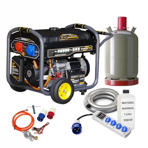 Dual Fuel Strom-Generator 10 kVA | KOMPLETT-SET – Benzin & Propangas Notstromaggregat 230/400 V – fahrbar inkl. 4er-Steckerleiste, Gasflasche & Zubehör