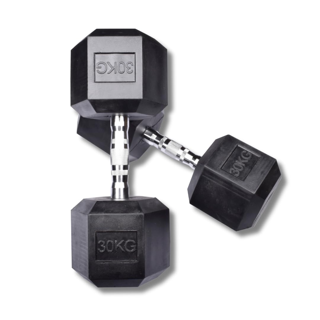 Exersci Hex Dumbbells Rubber Encased Dumbbell Pairs 30KG - Bicep Curls, Shoulder Press, Dumbbell flies, Home Gym, Fitness