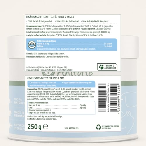 AniForte Fellpflege für Hunde & Katzen Fellharmonie Vitalpulver 250g - Natürlich für glänzendes Fell & Vitale Haut, unterstützt Stoffwechsel & Immunsystem