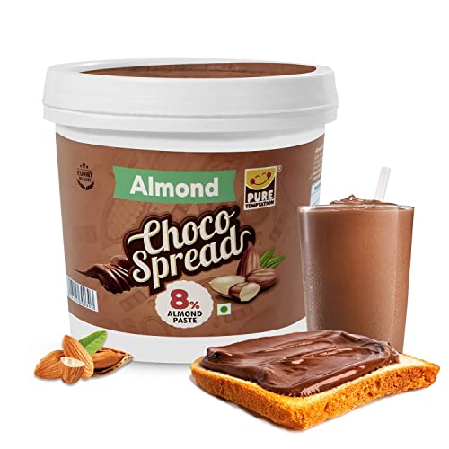 Image of Pure Temptation Chocolate Spread with Cocoa | Milk Chocolate Cream for Bread, Smoothies, Fudge, Cakes, Choco Shakes, Sandwiches, Roti, Fruits & Perfect for Breakfast | 100% Vegetarian, Protein-Rich | Pack of 1 - 1 Kg (Almond)