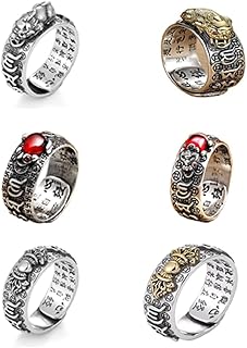 6 Pcs Pixiu Charms Ring Feng Shui Amulet Open Adjustable Ring Buddhist Mani Mantra Protection Wealth Ring Wealth Religious Lucky Jewelry
