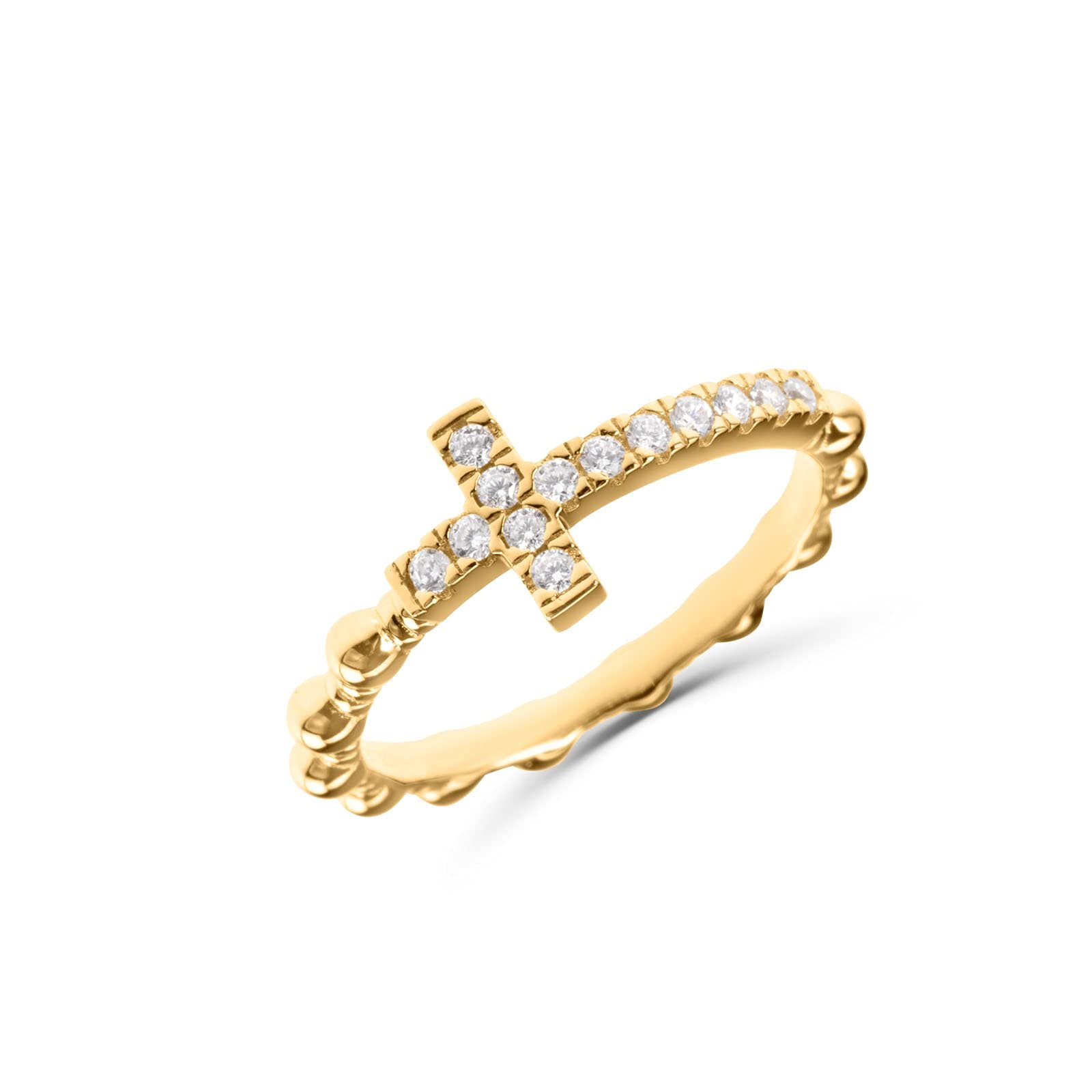 Ring Kreuz Rosenkranz Damen aus 925er Silber 18 Karat vergoldet mit Zirkonia -