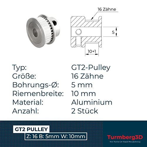 Turmberg3D - 2x GT2 Zahnriemenräder/Pulley Antrieb - 16 Zähne - Bohrung-Ø: 5mm - Riemen-Breite: 10mm (GT2-10 · 16T · Ø5)
