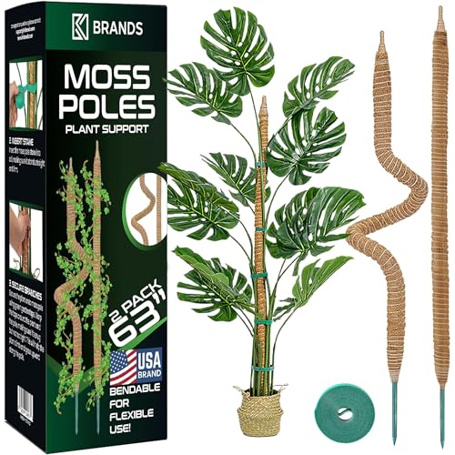 2 Pack 63'' Bendable Moss Pole Monstera Plant Support for Large Climbing Indoor Plants - Stakes for Potted Climbers - Tall Sticks Indoor Trellis for Houseplants - Accessories for Monstera Pot