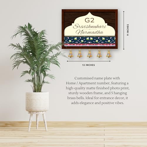 Image of Customised Name Plate for Home Entrance | Wooden Door Name Plate with Brass color Bell & Matte Finish for Home Decor | Personalized with Name & Apartment Number | 10x14 inch | Housewarming Gift (WOODEN BROWN)