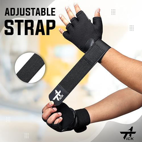 Image of Gym Gloves for Men & Women with Wrist Support and Half Finger Length for Workout, Weightlifting, Sports, Fitness, Grip and Exercise Free Size Leather & Micro Nylon, Black.