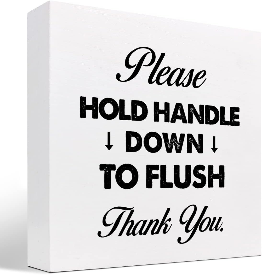 Pibonto Men's Desk Decor 7X7 Inch Please Hold Handle Down To Flush Thank You Wood Box Sign ,Funny Bathroom Sign Decor,Wooden Block Plaque For Restroom Toilet Shelf Table Decorations