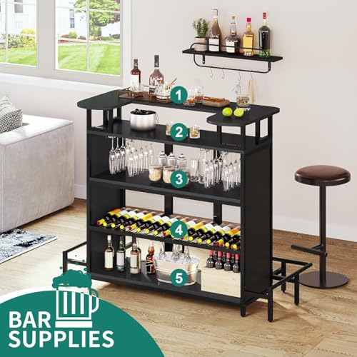 DWVO Mini Home Bar Unit Table with Wall-Mounted Shelf Rack & Music Sensing LED Light, Modern Liquor Wine Bar Cabinet with Footrest and Storage for Home Kitchen Pub Living Room, Black