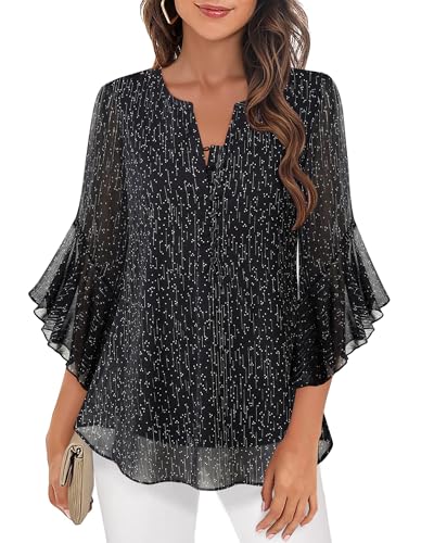 Timeson 3/4 Length Sleeve Womens Tops Dressy Casual Business Work Blouses Chiffon Fall Shirts4