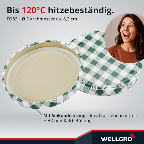 Foto von WELLGRO 50x Einmachgläser mit Schraubdeckel - 435 ml, 8,5 x 12 cm (ØxH), Glas/Metall, grün karierte Deckel To 82, Gläser Made in Germany