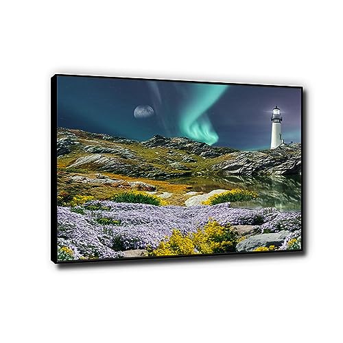  Phyrek123 Fiore Faro Paesaggio Aurora Stampa su tela Aurora boreale Quadro Immagine panoramic Pronta da appendere 70x98 cm Nero Incorniciato
