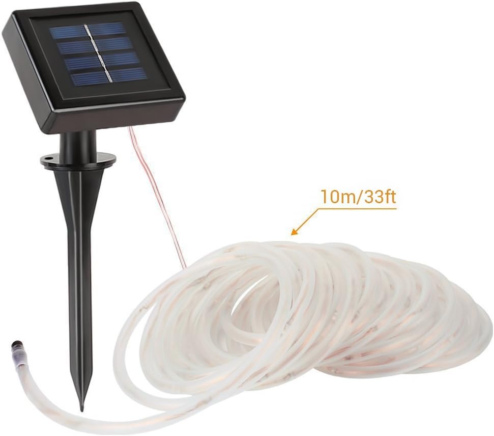 LE® 39.37 ft (6.5ft lead cable included) 100 LED Solar Rope Lights, Waterproof Outdoor Rope Lights, 3000K, Warm White, Portable, LED String Light with Light Sensor, Ideal for Wedding, Party, Decorations, Gardens, Lawn, Patio