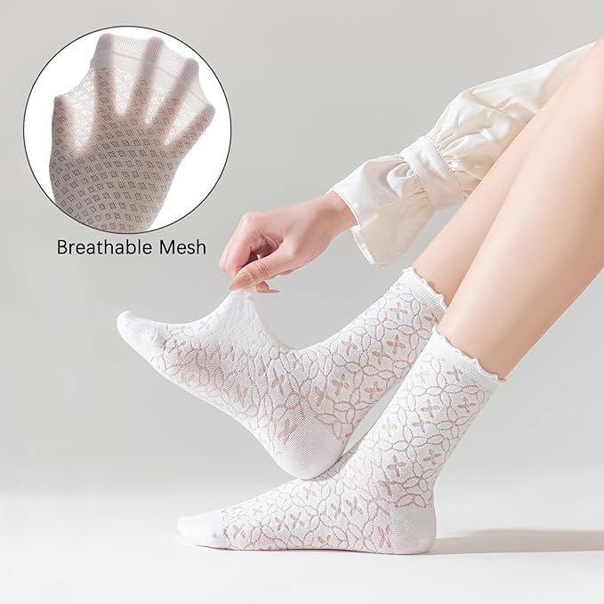 Lot de 6 paires de chaussettes à volants en maille et coton pour femme - Ultra fines - Blanc
