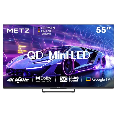 Metz Mini LED TV QLED 55 Pouces (139 cm) Smart LED 4K 144Hz Television Google Tele Local Dimming HDR 10 Dolby Vision Dolby Atmos VRR MEMC Mode Gaming Sport Tuner DVB-T/-T2/-C/-S/-S2 CI+ (MNE8000Z)